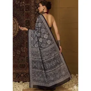 Women's Crepe Printed Saree with Blouse – Black