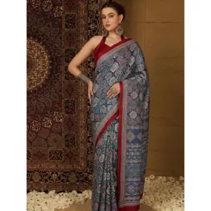 Women's Crepe Printed Saree with Blouse – Navy Blue