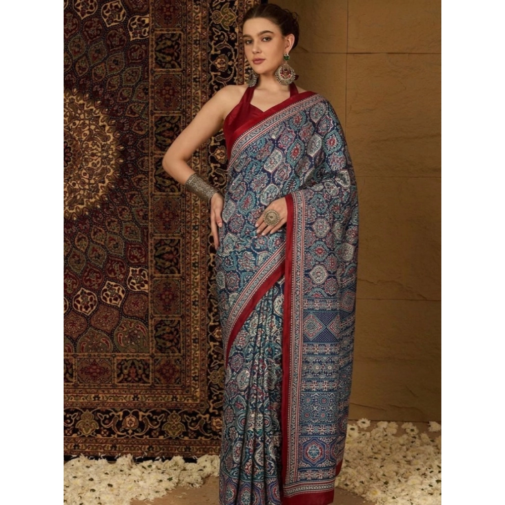Women's Crepe Printed Saree with Blouse – Navy Blue