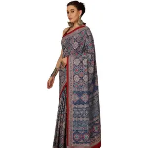 Women's Crepe Printed Saree with Blouse – Navy Blue
