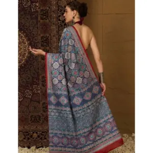 Women's Crepe Printed Saree with Blouse – Navy Blue