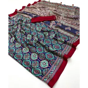 Women's Crepe Printed Saree with Blouse – Navy Blue