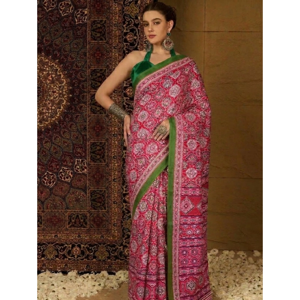 Women's Crepe Printed Saree with Blouse – Pink