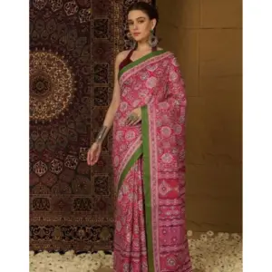 Women's Crepe Printed Saree with Blouse – Pink
