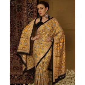 Women's Crepe Printed Saree with Blouse – Yellow