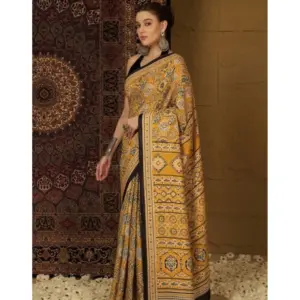 Women's Crepe Printed Saree with Blouse – Yellow