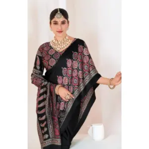Women's Crepe Printed Saree with Blouse – Black