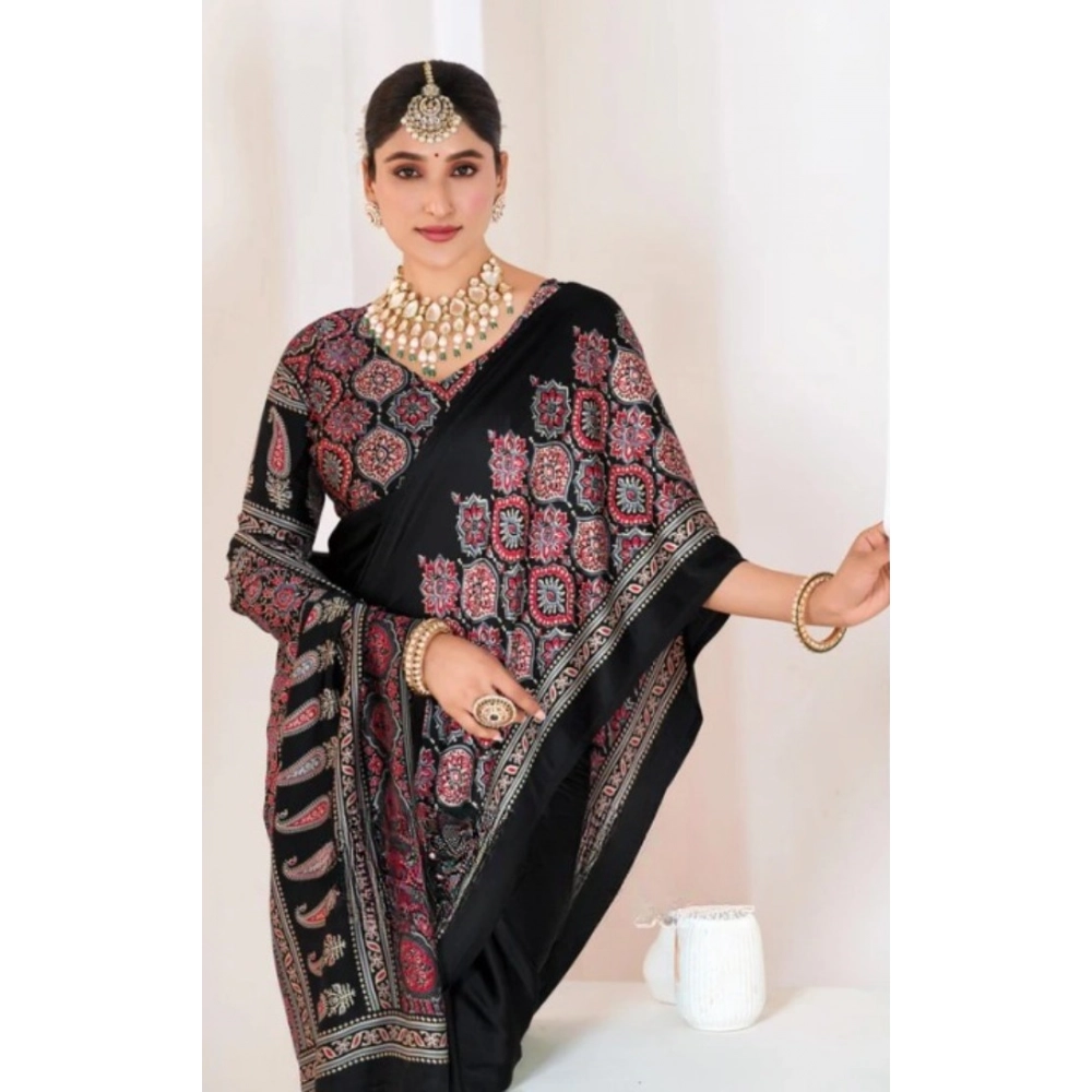 Women's Crepe Printed Saree with Blouse – Black