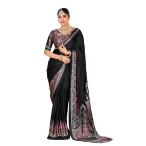 Women's Crepe Printed Saree with Blouse – Black