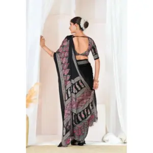 Women's Crepe Printed Saree with Blouse – Black