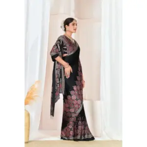 Women's Crepe Printed Saree with Blouse – Black