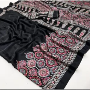 Women's Crepe Printed Saree with Blouse – Black