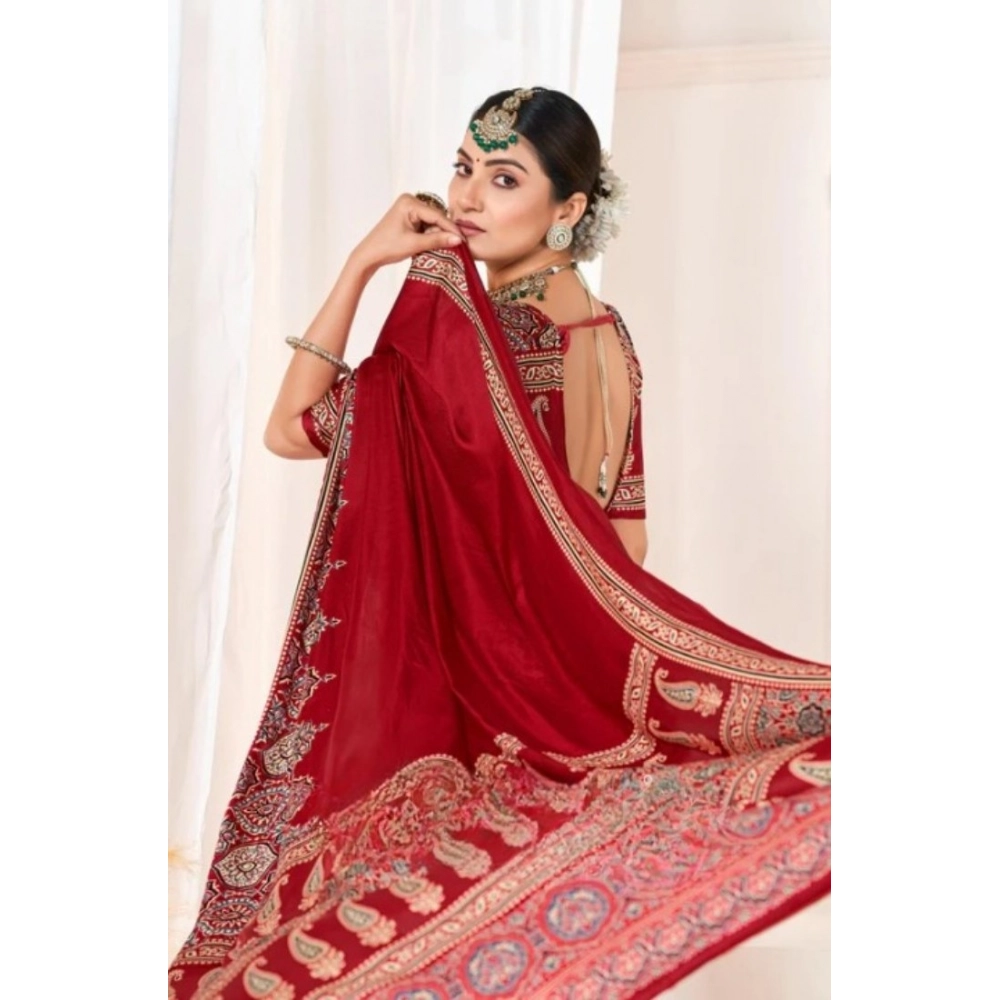 Women's Crepe Printed Saree with Blouse – Maroon