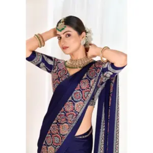 Women's Crepe Printed Saree with Blouse – Navy Blue