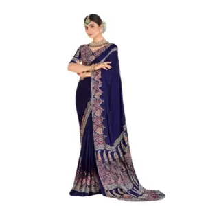 Women's Crepe Printed Saree with Blouse – Navy Blue