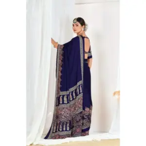 Women's Crepe Printed Saree with Blouse – Navy Blue
