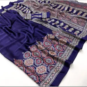 Women's Crepe Printed Saree with Blouse – Navy Blue