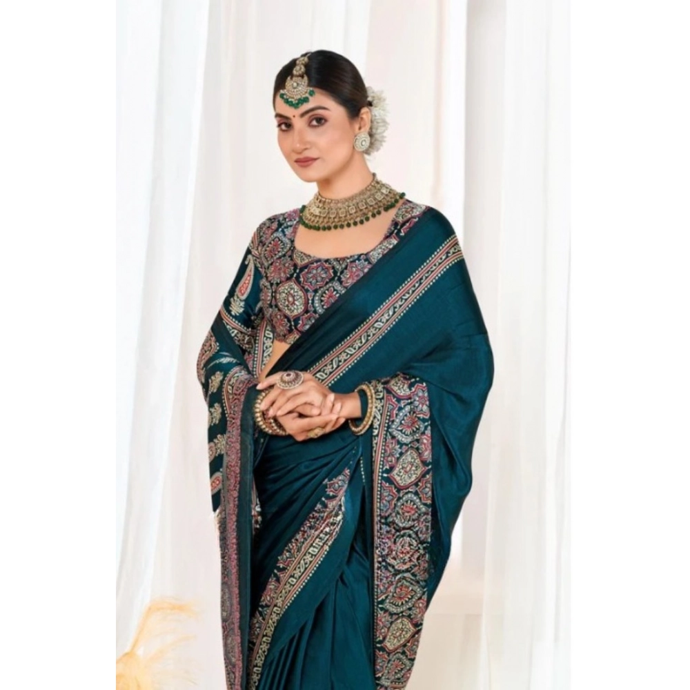 Women's Crepe Printed Saree with Blouse – Teal