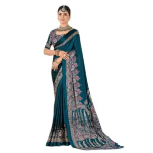 Women's Crepe Printed Saree with Blouse – Teal