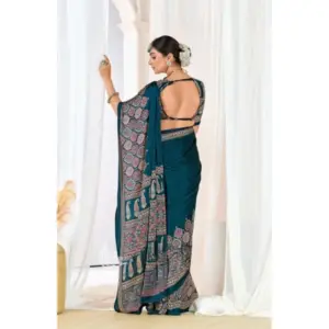 Women's Crepe Printed Saree with Blouse – Teal