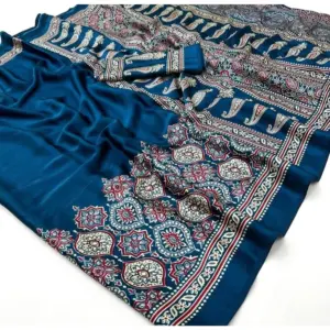 Women's Crepe Printed Saree with Blouse – Teal