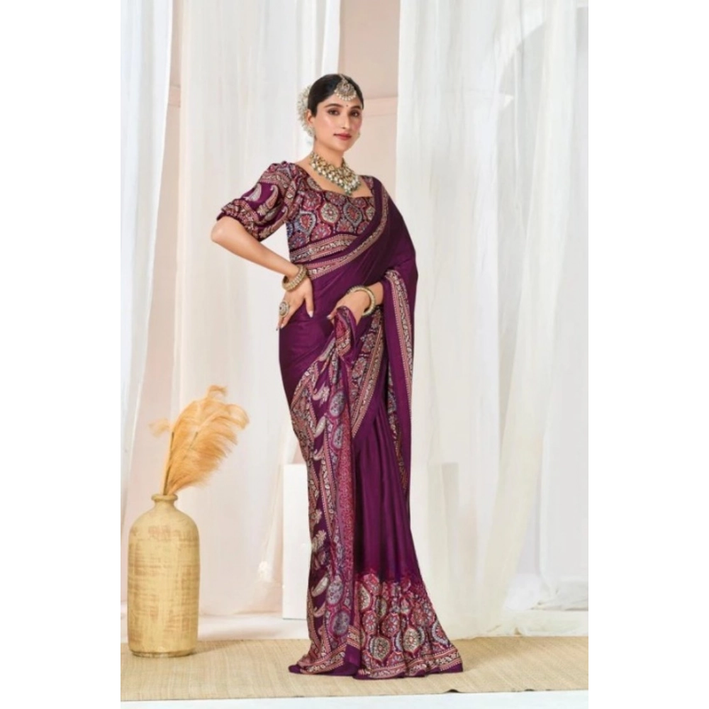 Women's Crepe Printed Saree with Blouse – Wine