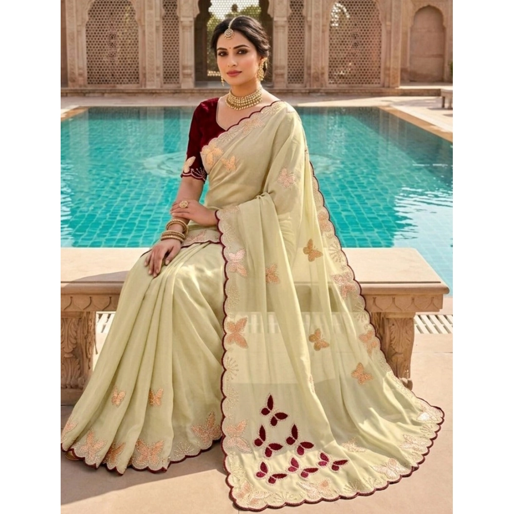Women's Star Georgette Embellished Saree with Blouse – Beige-Maroon