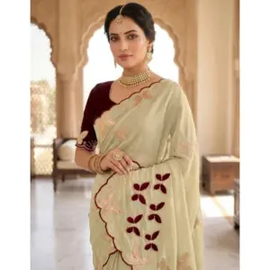 Women's Star Georgette Embellished Saree with Blouse – Beige-Maroon