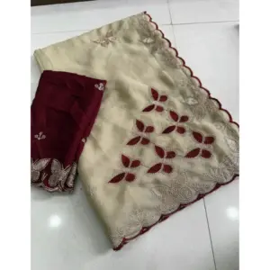 Women's Star Georgette Embellished Saree with Blouse – Beige-Maroon