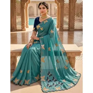 Women's Star Georgette Embellished Saree with Blouse – Blue