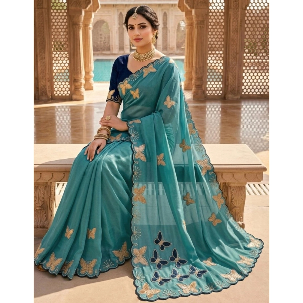 Women's Star Georgette Embellished Saree with Blouse – Blue