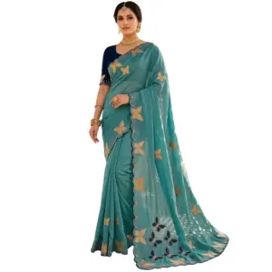 Women's Star Georgette Embellished Saree with Blouse – Blue