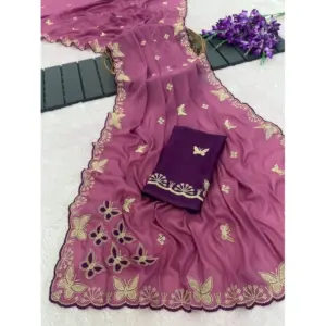 Women's Star Georgette Embellished Saree with Blouse – Dusty Purple-Blue