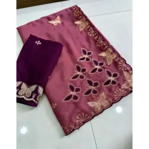 Women's Star Georgette Embellished Saree with Blouse – Dusty Purple-Blue