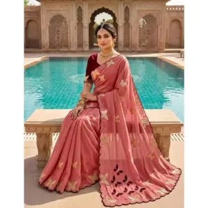 Women's Star Georgette Embellished Saree with Blouse – Dusty Coral-Maroon