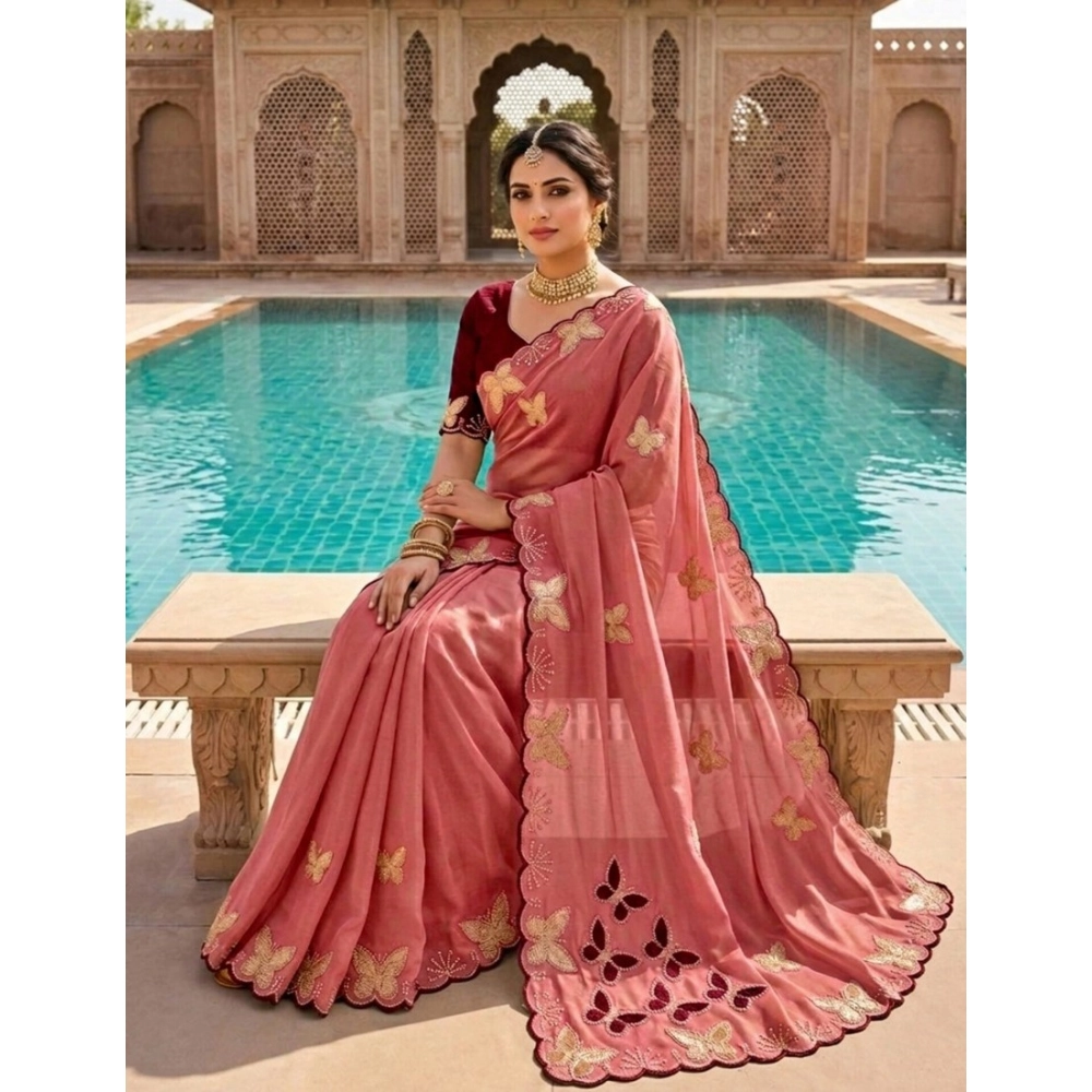 Women's Star Georgette Embellished Saree with Blouse – Dusty Coral-Maroon