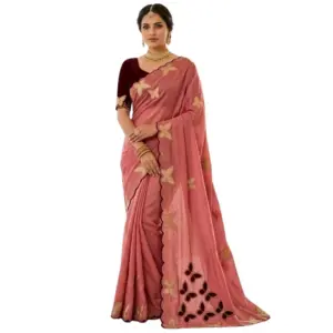 Women's Star Georgette Embellished Saree with Blouse – Dusty Coral-Maroon