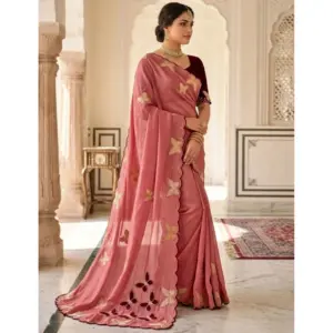 Women's Star Georgette Embellished Saree with Blouse – Dusty Coral-Maroon