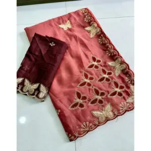 Women's Star Georgette Embellished Saree with Blouse – Dusty Coral-Maroon