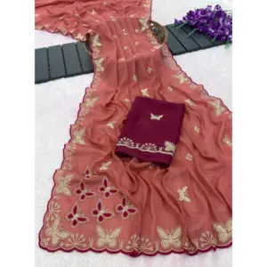 Women's Star Georgette Embellished Saree with Blouse – Dusty Coral-Maroon