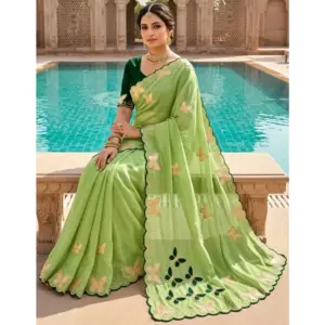 Women's Star Georgette Embellished Saree with Blouse – Green