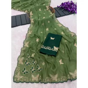 Women's Star Georgette Embellished Saree with Blouse – Green