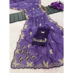 Women's Star Georgette Embellished Saree with Blouse – Lavender