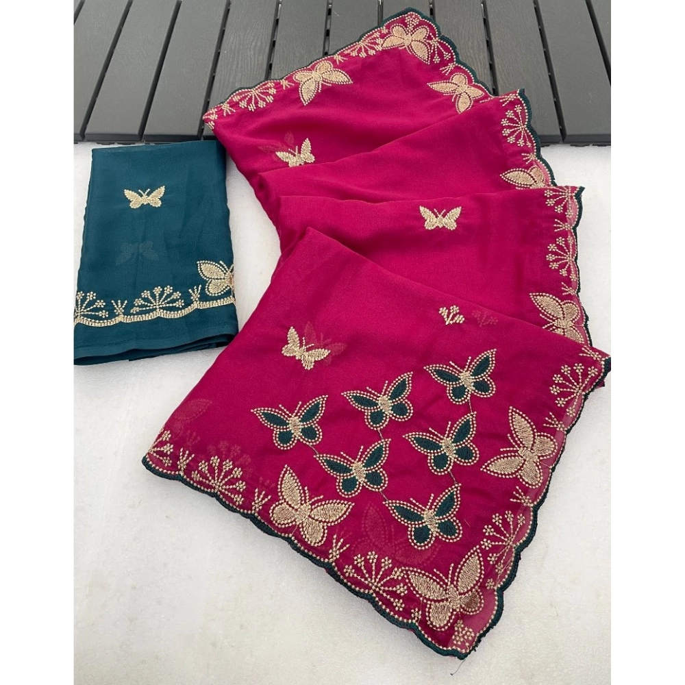 Women's Star Georgette Embellished Saree with Blouse – Magenta-Green