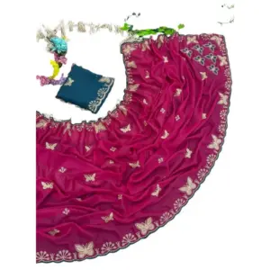Women's Star Georgette Embellished Saree with Blouse – Magenta-Green