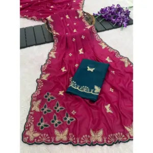 Women's Star Georgette Embellished Saree with Blouse – Magenta-Green