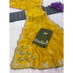 Women's Star Georgette Embellished Saree with Blouse – Mustard
