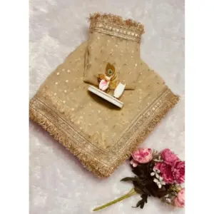 Women's Silk Embellished Saree with Blouse – Beige