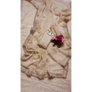 Women's Silk Embellished Saree with Blouse – Beige