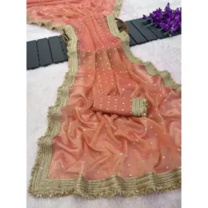 Women's Silk Embellished Saree with Blouse – Peach